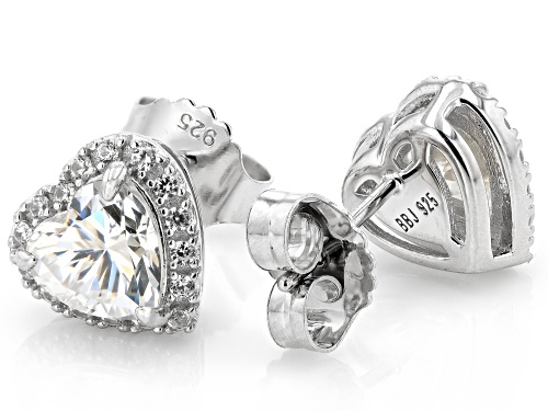 2.80ctw Heart Shape Strontium Titanate With .32ctw White Zircon Silver Stud Earrings