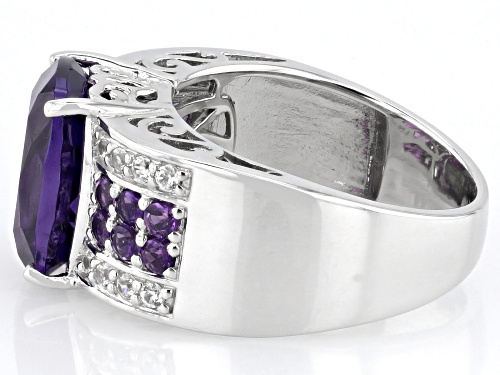 4.60ctw Cushion & Round Amethyst With .27ctw White Zircon Rhodium Over Sterling Silver Ring - Size 10