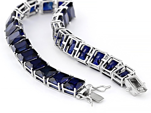 58.65ctw Rectangular Octagonal Lab Created Blue Sapphire Rhodium Over Silver Tennis Bracelet - Size 8