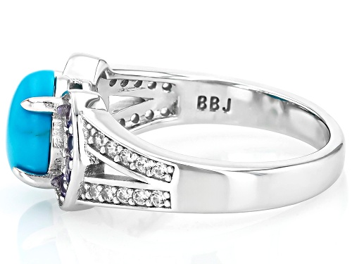 8mm Sleeping Beauty Turquoise, 0.42ctw Tanzanite With White Zircon Rhodium Over Silver Ring - Size 9