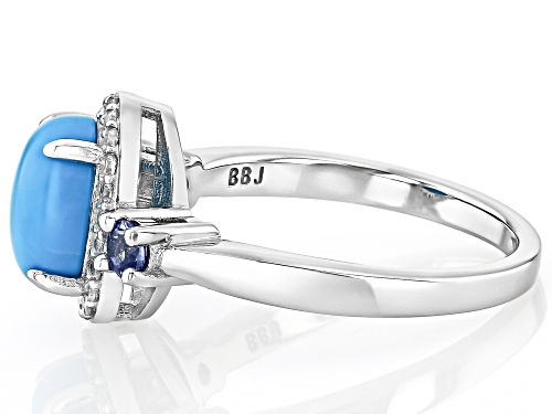 9x7mm Oval Sleeping Beauty Turquoise, .19ctw Tanzanite With .17ct Zircon Rhodium Over Silver Ring - Size 9