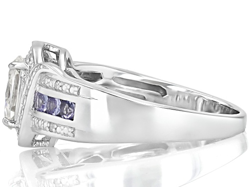 .95ct Lab Strontium Titanate, .22ctw Tanzanite With.03ctw Diamond Accent Rhodium Over Silver Ring - Size 9