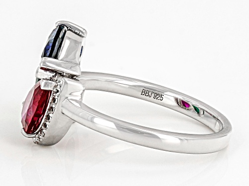 2.02ctw Lab Blue, Lab White Sapphire, Lab Ruby, with Lab Emerald Rhodium Over Silver Ring - Size 8