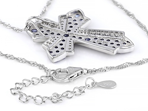 1.77ctw Round Tanzanite With .67ctw Zircon Rhodium Over Silver Cross Pendant With Chain