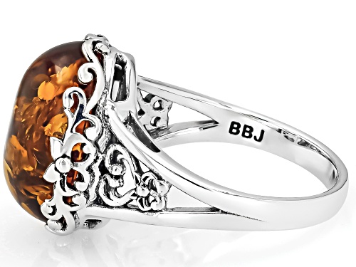 16x12 Oval Cabochon Amber Sterling Silver Solitaire Ring - Size 6
