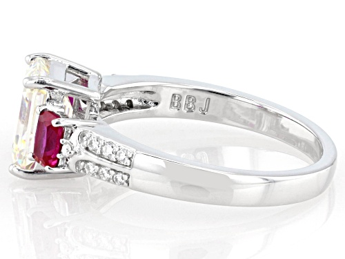 2.12ct Emerald Cut Strontium Titanate, .28ct Lab Ruby, .14ctw Moissanite Rhodium Over Silver Ring - Size 9