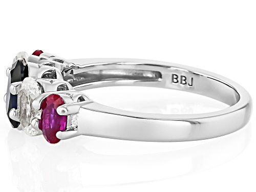 1.69ctw Lab White and Lab Blue Sapphire with 0.46ctw Lab Ruby Rhodium Over Silver Ring - Size 9