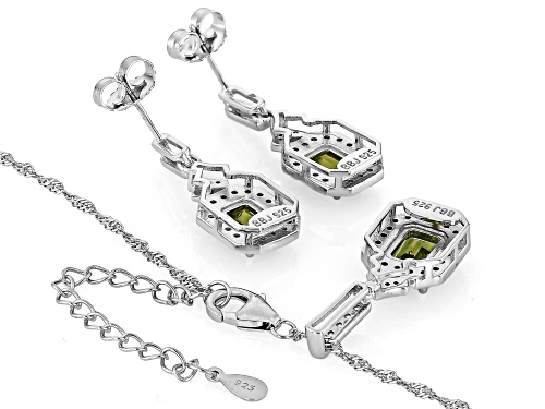 2.64ctw Manchurian Peridot™ With 0.44ctw White Zircon Rhodium Over Silver Pendant & Earrings Set