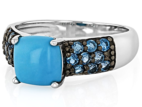 8mm Cushion Sleeping Beauty Turquoise With .60ctw London Blue Topaz Rhodium Over Silver Ring - Size 7