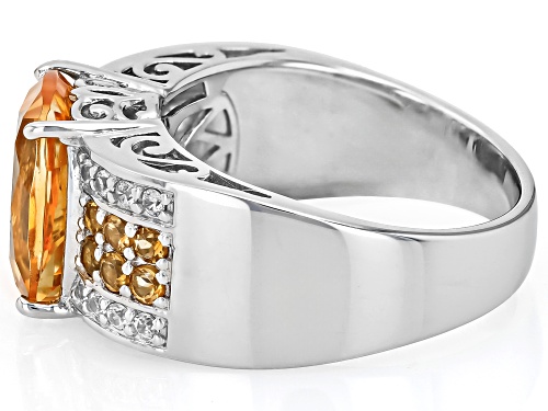 5.50ct Cushion And 0.51ctw Round Citrine With .27ctw White Zircon Rhodium Over Silver Ring - Size 9