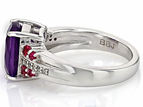 2.47ct Cushion African Amethyst with .29ctw Pink Tourmaline & .07ctw Zircon Rhodium Over Silver Ring - Size 6