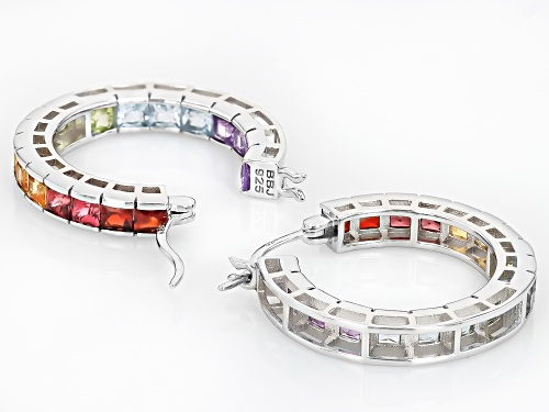 5.00ctw Round Multi-Gem Square Rhodium Over Sterling Silver Hoop Earrings