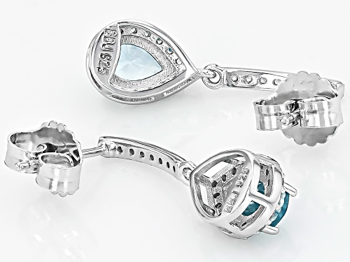 1.84ctw Pear Shape Blue Zircon With 0.58ctw Round White Zircon Rhodium Over Sterling Silver Earrings