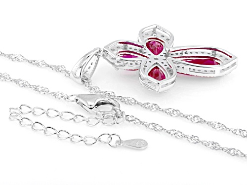 5.63ctw Pear Shape Lab Created Ruby With .75ctw Lab Sapphire Rhodium Over Silver Pendant Chain