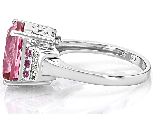 6.47ct Cushion Pink Topaz with .37ctw Lab Pink Sapphire and White Zircon Rhodium Over Silver Ring - Size 10