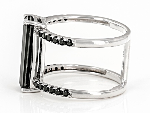 3.30ct Rectangular Octagonal And 0.34ctw Round Black Spinel Rhodium Over Silver Elongated Ring - Size 6