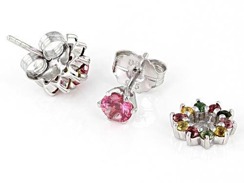 .90ctw Round Pink Tourmaline With .65ctw Multi-Tourmaline Jacket Rhodium Over Silver Earrings