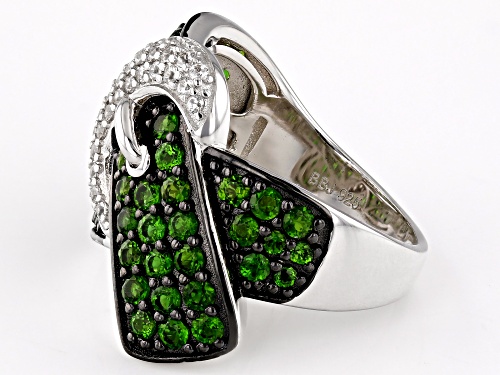 1.20ctw Round Chrome Diopside With 0.25ctw White Zircon Rhodium Over Silver Buckle Ring - Size 6