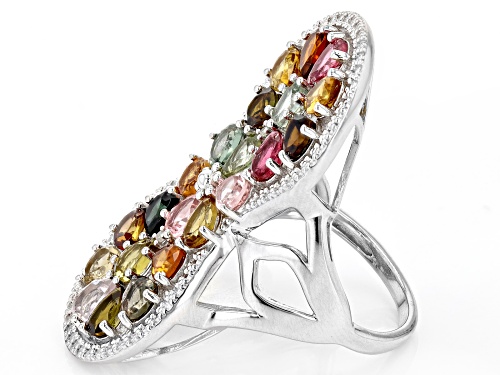 6.55ctw Pear Shape Multicolor Tourmaline With 0.01ctw Diamond Accent Rhodium Over Silver Ring - Size 7