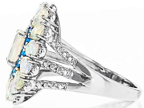 0.38ct Oval And 1.07ctw Pear shape Ethiopian Opal With 0.41ctw Neon Apatite Rhodium Over Silver Ring - Size 8