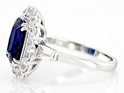 3.50ct Cushion Lab Blue Sapphire With 1.54ctw lab White Sapphire Rhodium Over Sterling Silver Ring - Size 8