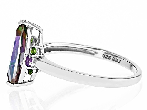 1.70ct Mystic Fire® Green Topaz, 0.06ctw Amethyst, 0.06ctw Chrome Diopside Rhodium Over Silver Ring - Size 8