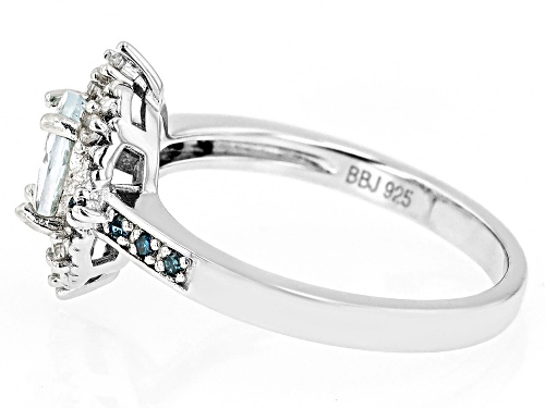.60ct Oval Aquamarine, .04ctw Zircon With .05ctw Blue Diamond Accent Rhodium Over Silver Ring - Size 8