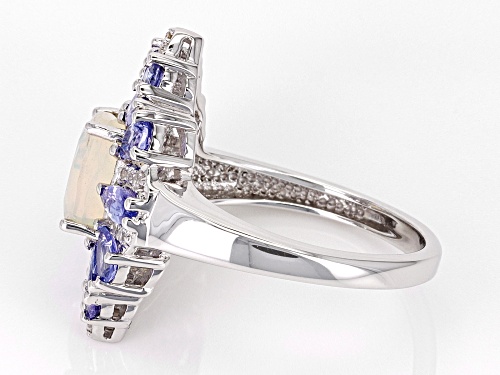 .85ct Ethiopian Opal with 1.43ctw Tanzanite and 0.19ctw White Zircon Rhodium Over Silver Ring - Size 6
