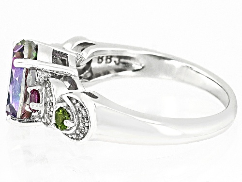 2.82ct Oval Mystic Fire® Green Topaz With 0.37ctw Multi-Gem Rhodium Over Silver Ring - Size 8