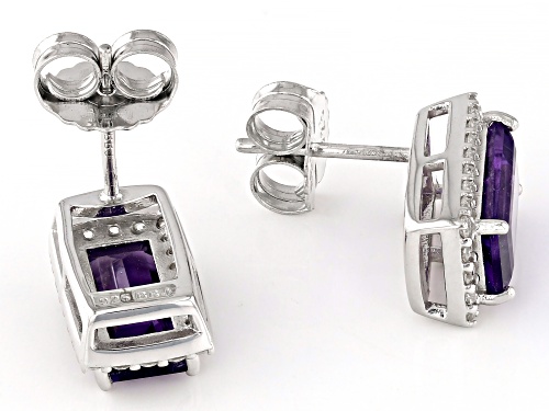 3.20ct Baguette African Amethyst With 0.56ctw White Zircon Rhodium Over Silver Stud Earrings