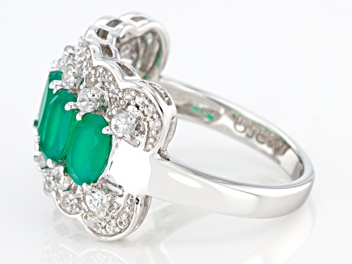 1.48CTW OVAL GREEN ONYX WITH .49CTW WHITE ZIRCON RHODIUM OVER STERLING SILVER RING - Size 9