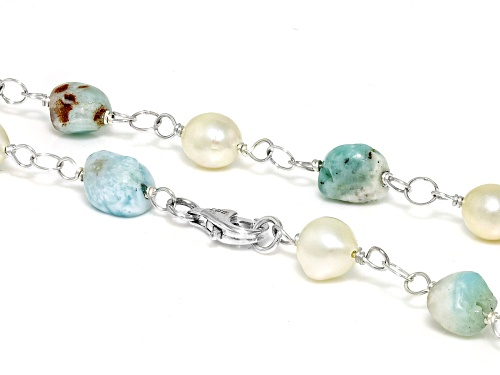 8x6mm Cultured Freshwater Pearl with 8x5mm Larimar Rhodium Over Sterling Silver Necklace - Size 30