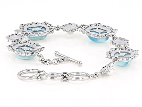 12x10mm Rectangular Cushion Larimar and Cultured Freshwater Pearl Rhodium Over Silver Bracelet - Size 7.25