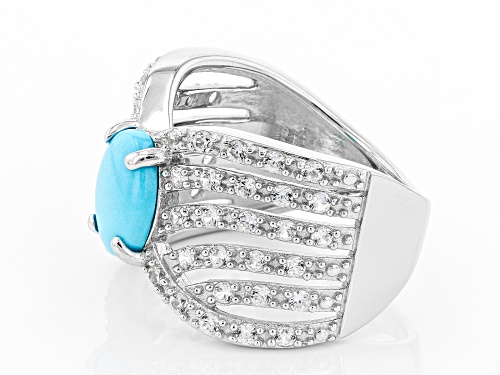 9x7mm Oval Sleeping Beauty Turquoise and 1.36ctw Zircon Rhodium Over Silver Crossover Band Ring - Size 9