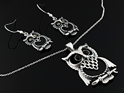 Whitby Jet 7 And 15mm Round Cabochon Ster Silver Owl Earrings And Pendant With Chain W. Hamond Box