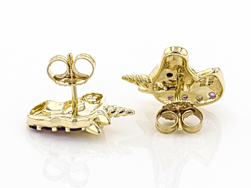 0.10ctw Round Amethyst With 0.04ctw Black Spinel 10k Yellow Gold Children's Unicorn Stud Earrings