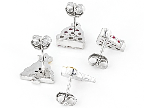 0.86ctw Multi-Gem & Enamel Rhodium Over Silver Santa Hat & Christmas Tree Children's Earring Set