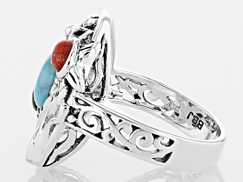 4x3mm Oval Red Coral, Larimar, With Abalone Shell and 0.03ctw White Zircon Sterling Silver Ring - Size 8