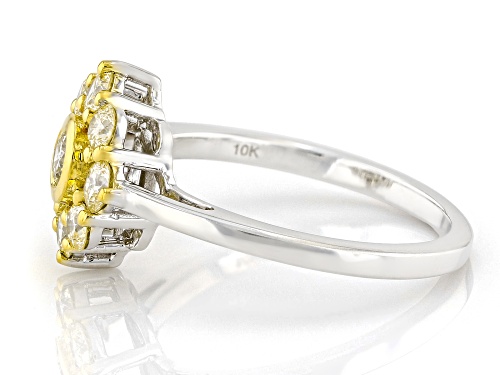 0.90ctw Round Natural Yellow Diamond 10k White Gold Cluster Ring - Size 9