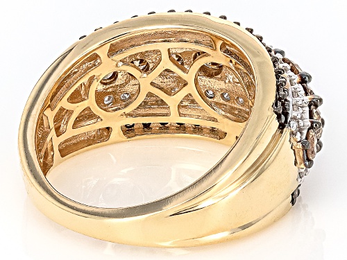 1.85ctw Round Champagne And White Diamond 10k Yellow Gold Multi-Row Wide Band Ring - Size 9