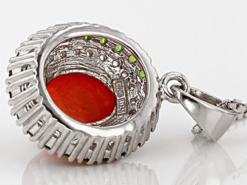 1.00ct Oval Orange Ethiopian Opal, .52ctw Chrome Diopside And White Zircon Silver Pendant With Chain