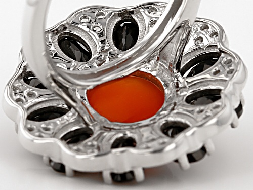 11x9mm Oval Orange Carnelian, 5.50ctw Oval Black Spinel And .61ctw Round White Zircon Silver Ring - Size 6