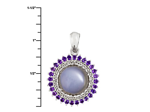 Round Grey Moonstone, .48ctw Round Amethyst, And .36ctw Round White Topaz Silver Pendant With Chain.
