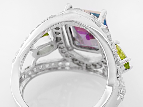 4.48ctw Emerald Cut Multi Color Quartz, Manchurian Peridot™, White Zircon Sterling Silver Ring - Size 6