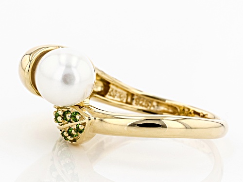 7-7.5mm Cultured Freshwater Pearl & Chrome Diopside 18k Yellow Gold Over Silver Ring - Size 5
