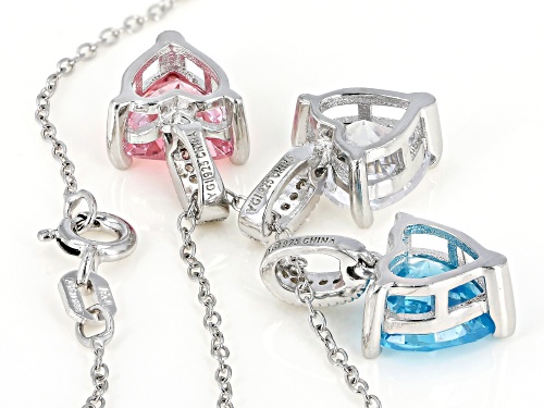 Bella Luce®8.86CTW Aqua/Pink/White Diamond Simulants Rhodium Over Silver 3 Heart Pendants With Chain