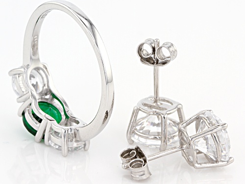 14.80ctw Emerald And White Cubic Zirconia Rhodium Over Sterling Ring And Earrings