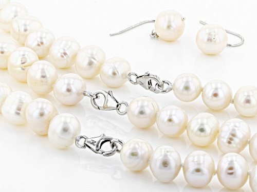 10-12mm White Cultured Freshwater Pearl Sterling Silver 18, 24, 36 inch Necklace & Earring Set
