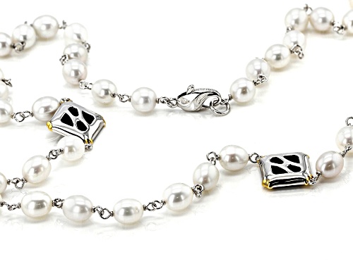 7-8MM White Cultured Freshwater Pearl & Black Onyx Rhodium Over Sterling Silver Strand Necklace