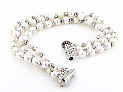 5-6mm White Cultured Freshwater Pearl Rhodium over Sterling Silver Multi-Row Bracelet - Size 7.25